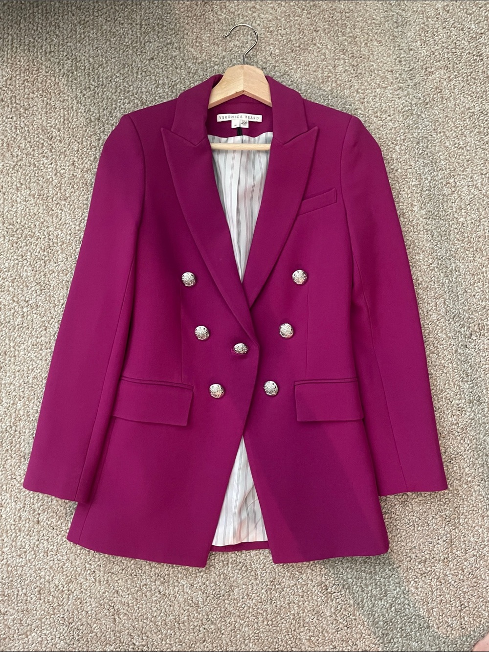 Veronica Beard Double-Breasted Fuchsia Blazer with Decorative Silver Buttons